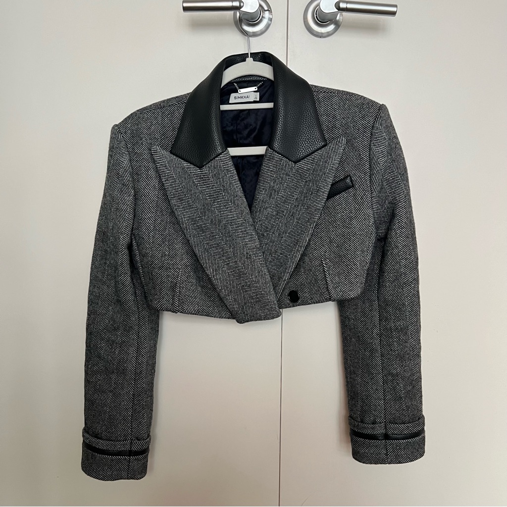 Simkhai Clare Cropped Blazer In Grey Herringbone